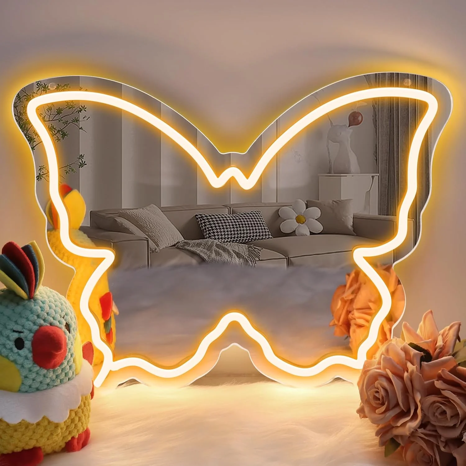 Butterfly Mirror Vanity Sign – 15.7×12 inch | Blue/Ice Blue/Pink/Purple/Warm White Neon Outline | USB Powered | Perfect for Vanity Decor - Image 9