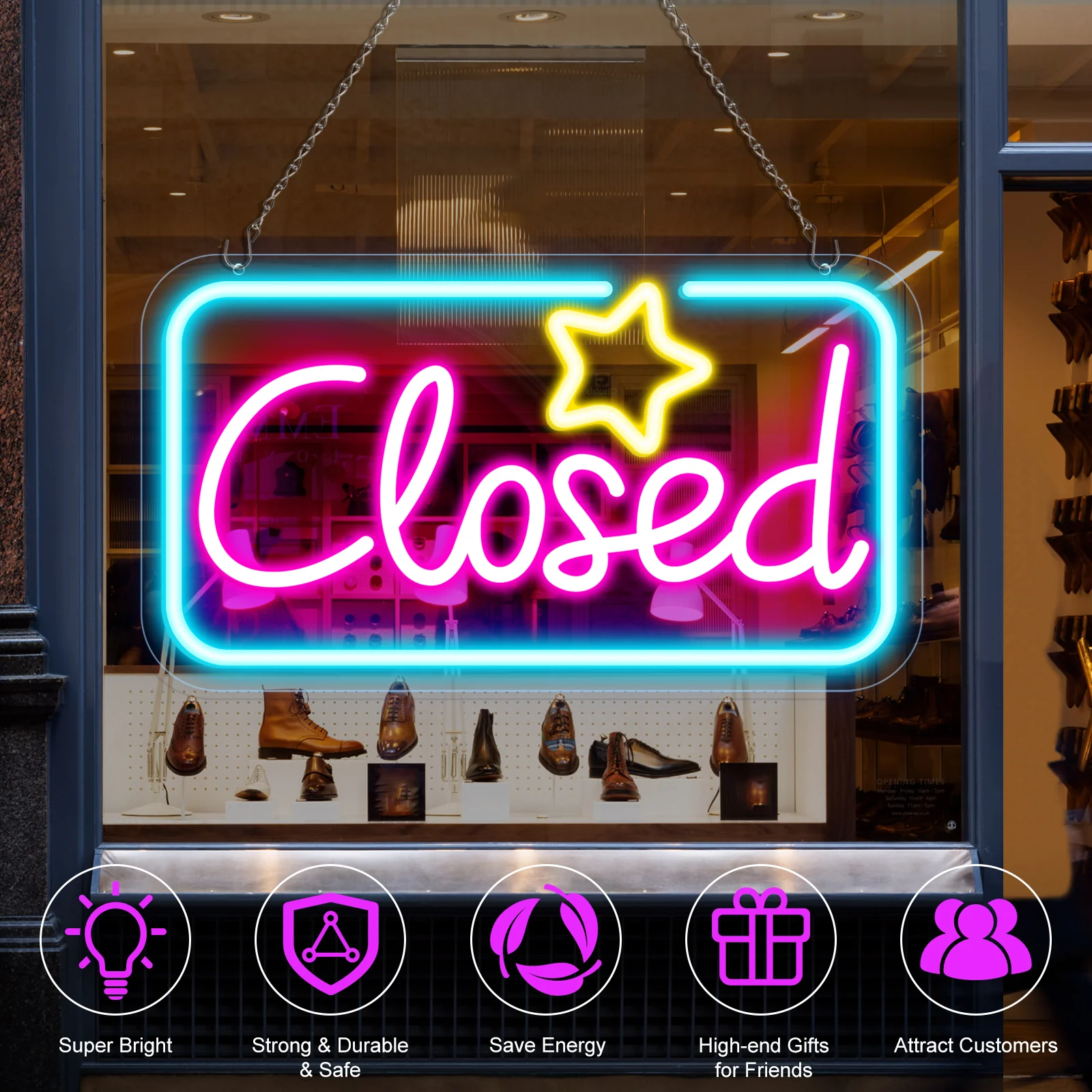Closed Neon Sign – Ice Blue & Pink Glow + Yellow Star | 17×9 inch (42×23 cm) | Window Hanging  | Plug & Play for Storefronts - Image 3