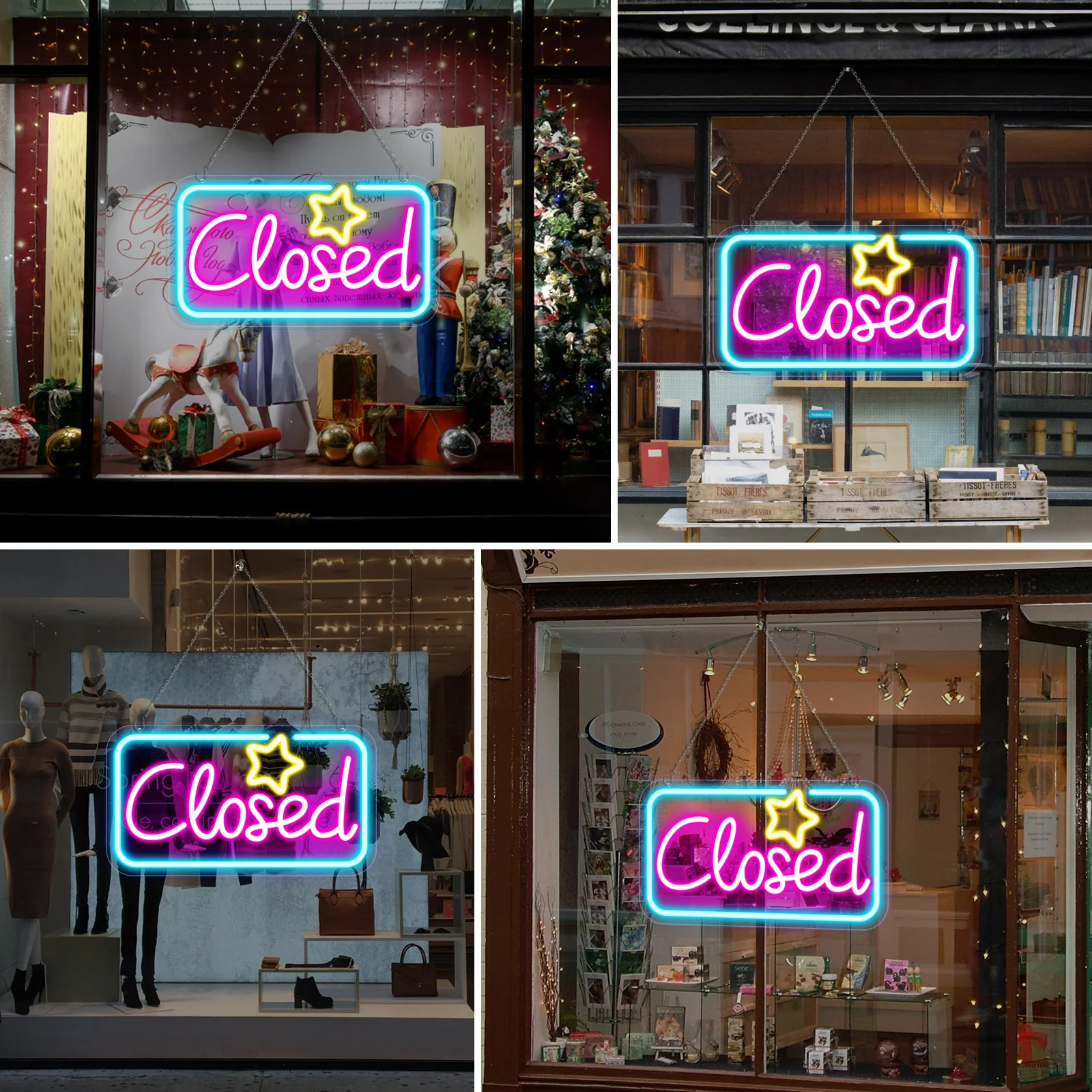 Closed Neon Sign – Ice Blue & Pink Glow + Yellow Star | 17×9 inch (42×23 cm) | Window Hanging  | Plug & Play for Storefronts - Image 4