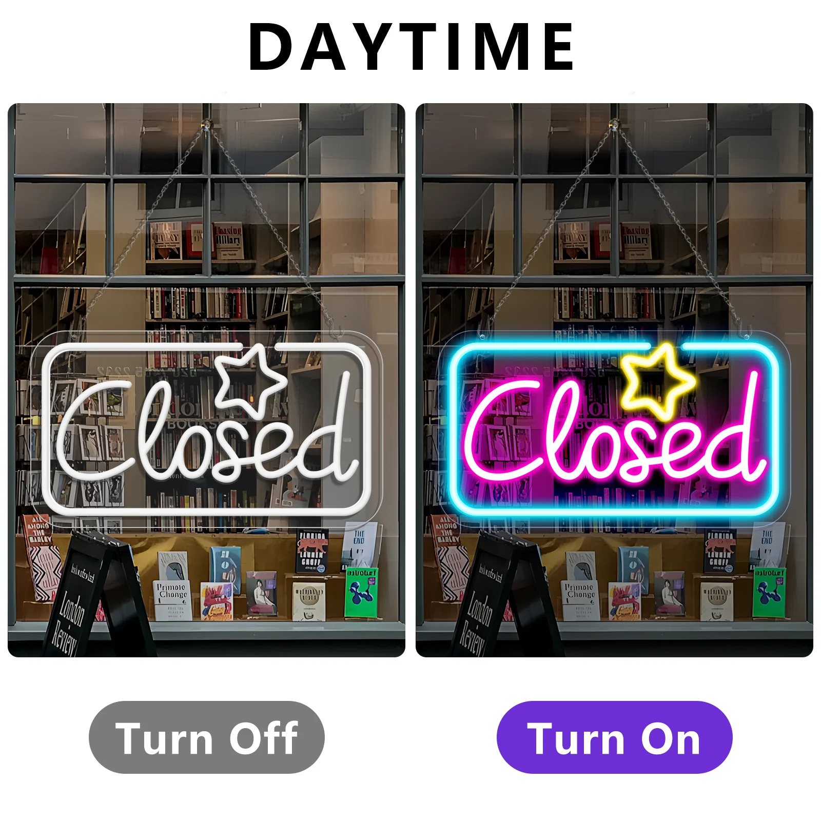Closed Neon Sign – Ice Blue & Pink Glow + Yellow Star | 17×9 inch (42×23 cm) | Window Hanging  | Plug & Play for Storefronts - Image 5