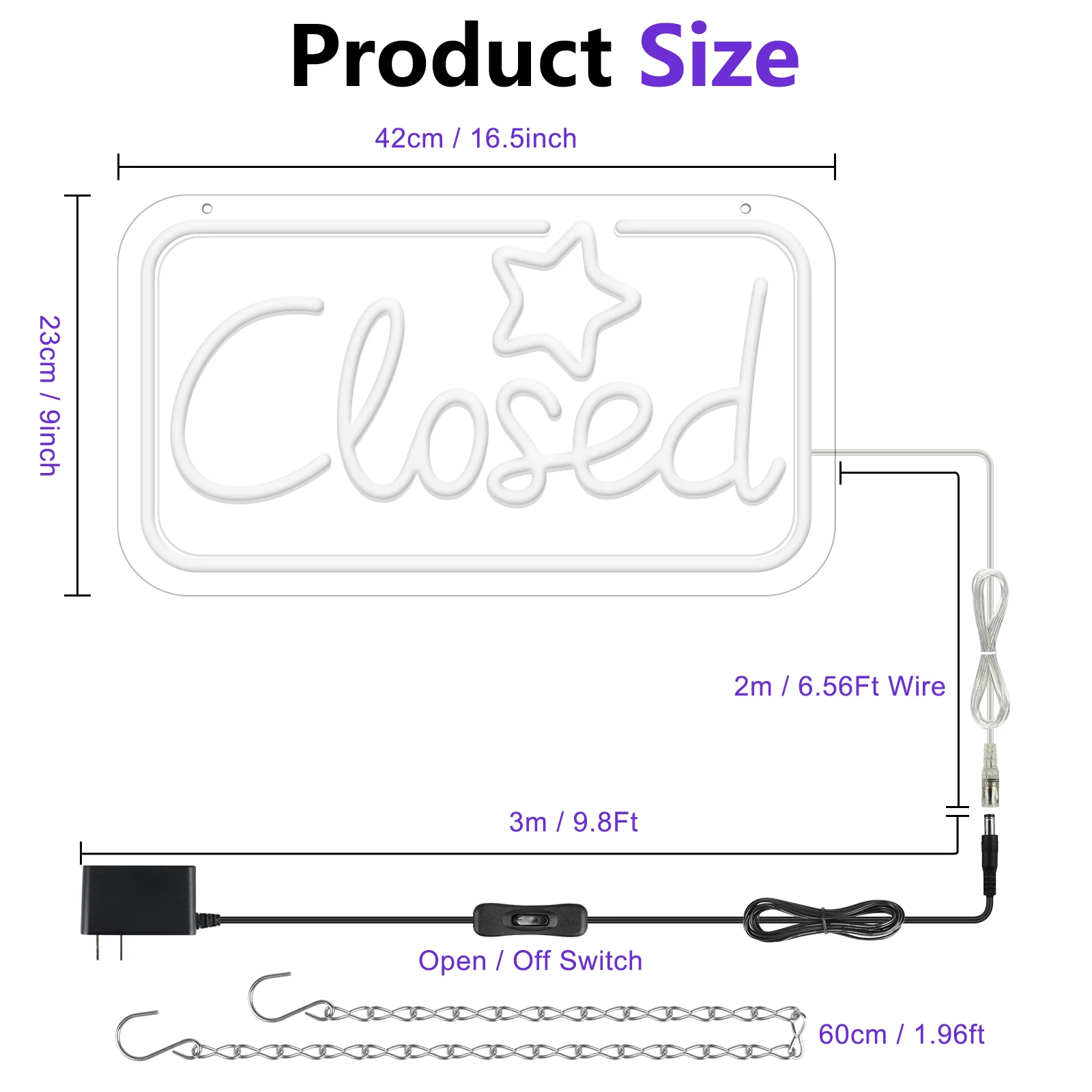 Closed Neon Sign – Ice Blue & Pink Glow + Yellow Star | 17×9 inch (42×23 cm) | Window Hanging  | Plug & Play for Storefronts - Image 7
