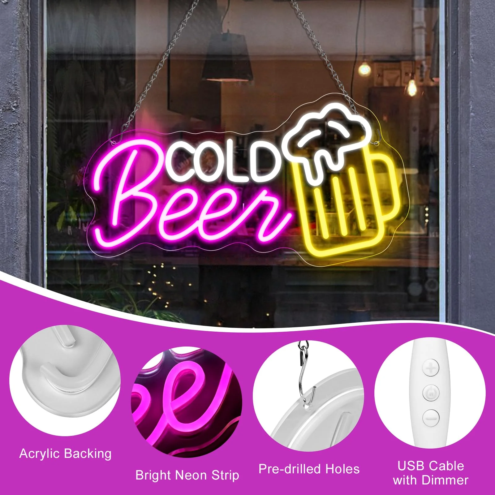 Cold Beer LED Sign – 16.5 × 8.8 inch | Multi-Color Glow | USB Powered | Hanging | Ideal for Bar, Pub, Lounge, Nightclub, Party Mood Lighting - Image 5