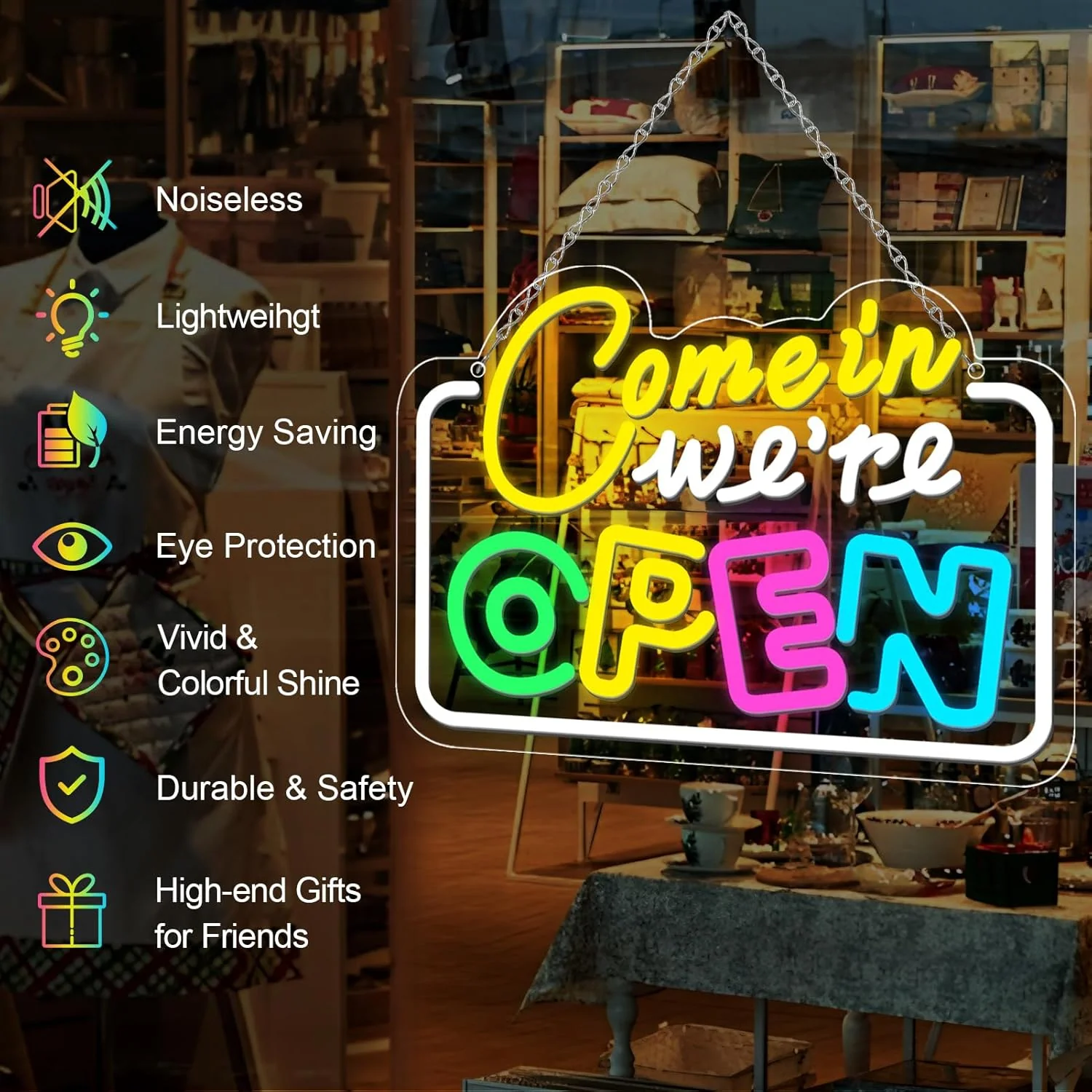 Come in We’re Open Neon Sign – Multicolor Glow | 15.7×11.8 inch (40×30 cm) | Window Hanging Business Sign | Plug & Play - Image 2