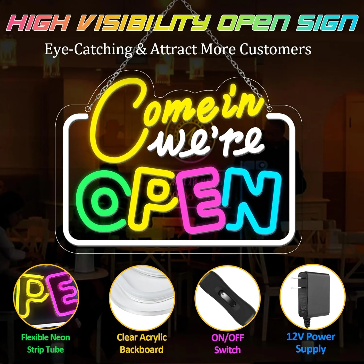 Come in We’re Open Neon Sign – Multicolor Glow | 15.7×11.8 inch (40×30 cm) | Window Hanging Business Sign | Plug & Play - Image 3