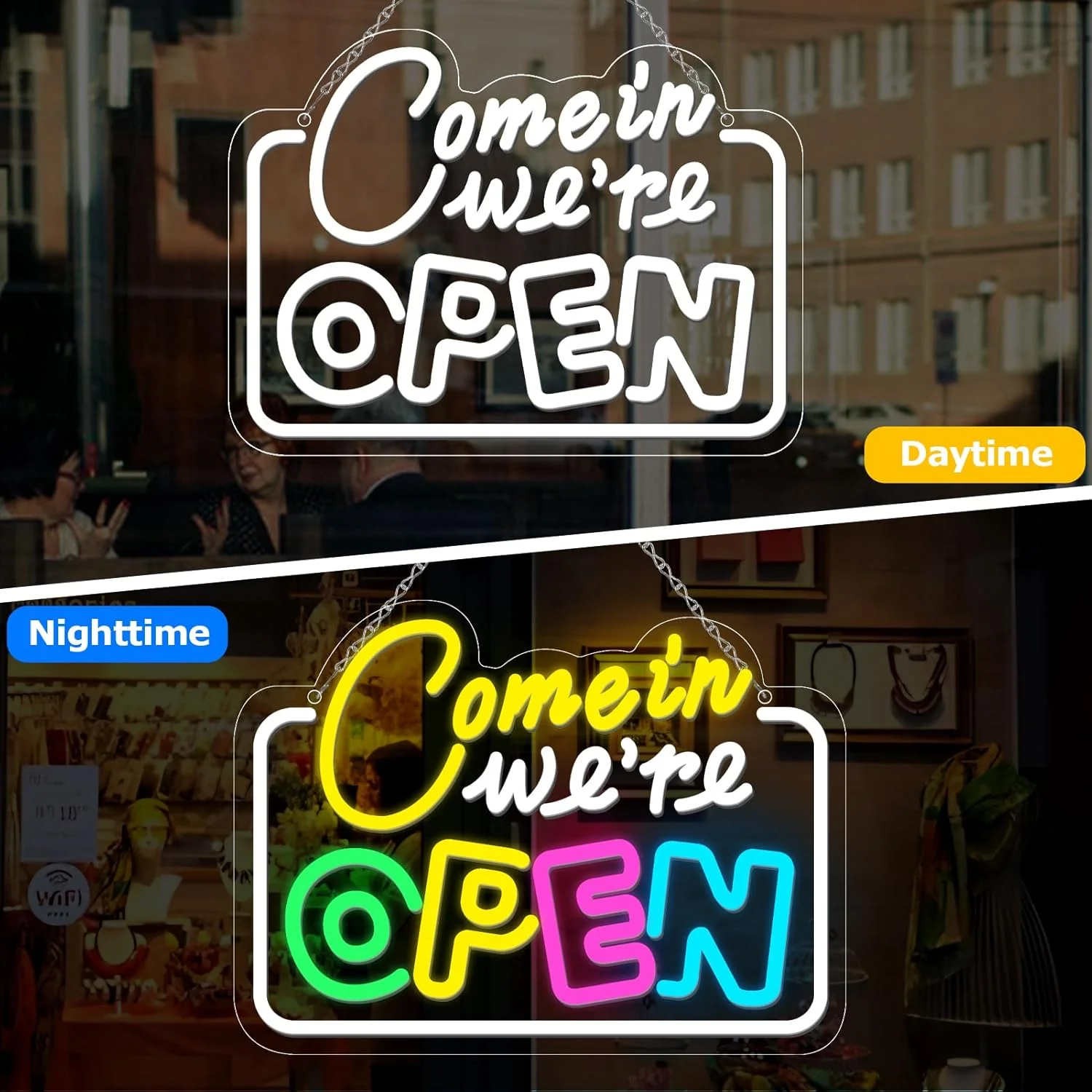 Come in We’re Open Neon Sign – Multicolor Glow | 15.7×11.8 inch (40×30 cm) | Window Hanging Business Sign | Plug & Play - Image 4
