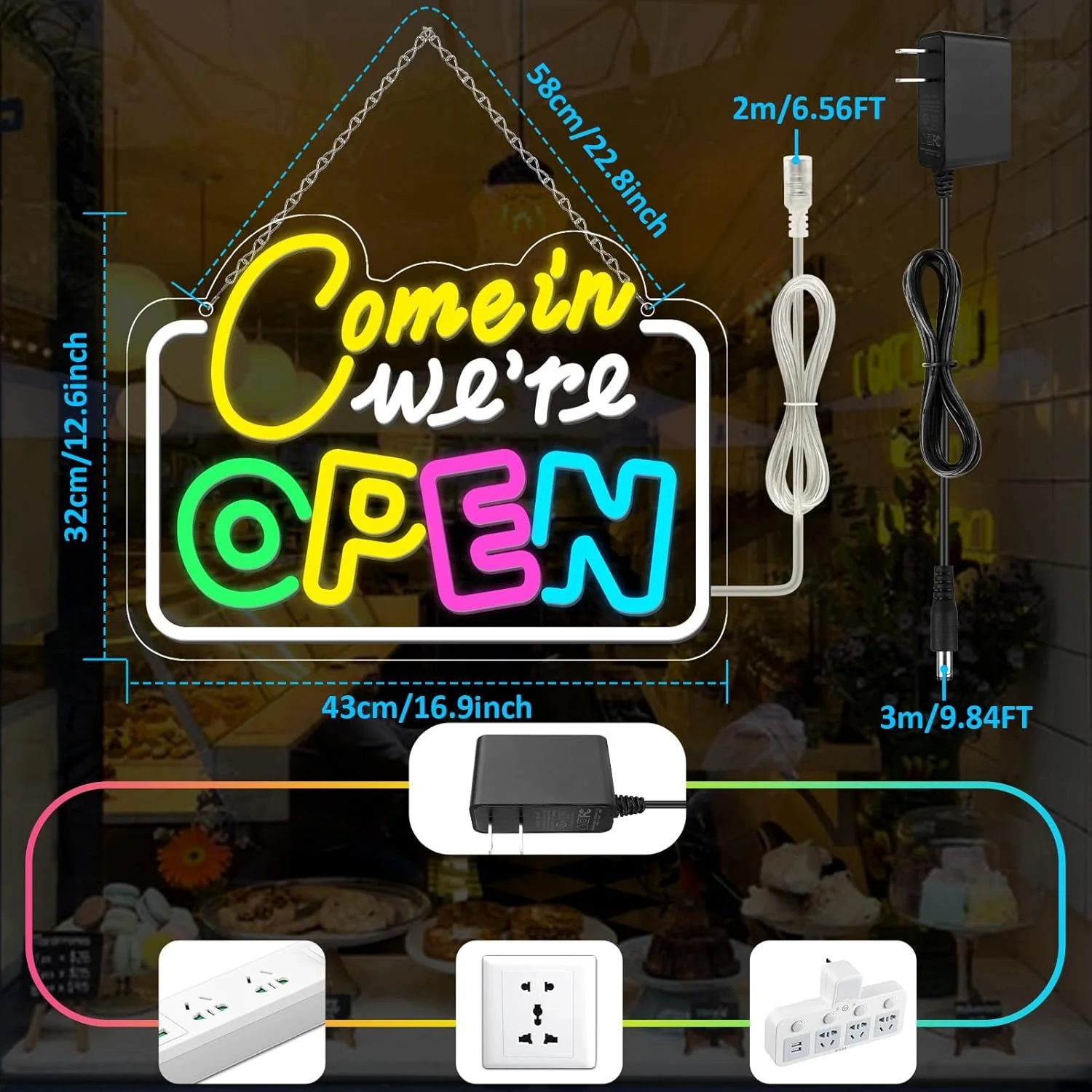 Come in We’re Open Neon Sign – Multicolor Glow | 15.7×11.8 inch (40×30 cm) | Window Hanging Business Sign | Plug & Play - Image 5