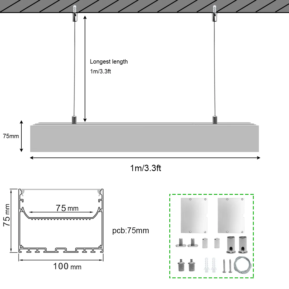 Wide Pendant LED Aluminum Channel H10075B – 75mm Inner Width | Silver | Milky White Cover | With Installation Accessories | – Suspension Mounting Linear Office Lighting – 1m / 2m | 10 / 20-Pack - Image 3