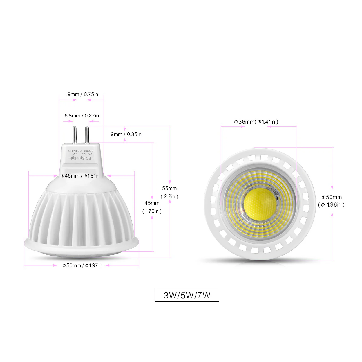 4Pack 3W/5W 12V AC/DC LED Spotlight MR16 LED Bulb Light GU5.3 Bi-Pin Base White Aluminum Housing 30° Beam Angle - Image 2