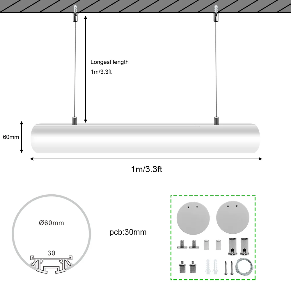 Round Extruded Suspended Linear LED Aluminum Profile D60-B – 60mm Dia| 30mm Inner Width | Silver | Milky White Cover | With Installation Accessories | – 1m / 2m | 20 / 50-Pack - Image 3