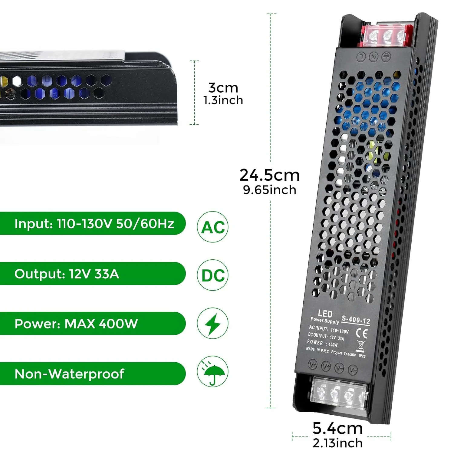DC 12V/24V Slim Black Switching Power Supply 300W–400W, AC 110–130V/175–250V Input, LED Driver Transformer with Built-in Cooling Fan, CE/FCC/RoHS Certified - Image 16