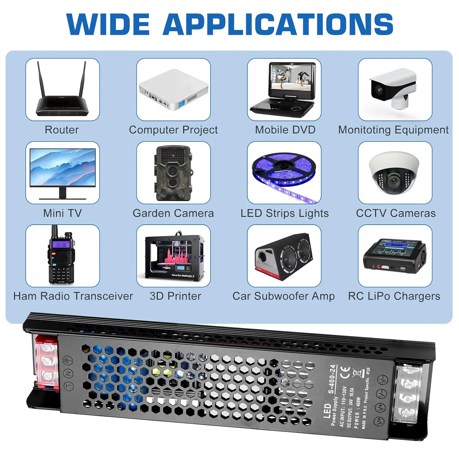 DC 12V/24V Slim Black Switching Power Supply 300W–400W, AC 110–130V/175–250V Input, LED Driver Transformer with Built-in Cooling Fan, CE/FCC/RoHS Certified - Image 5