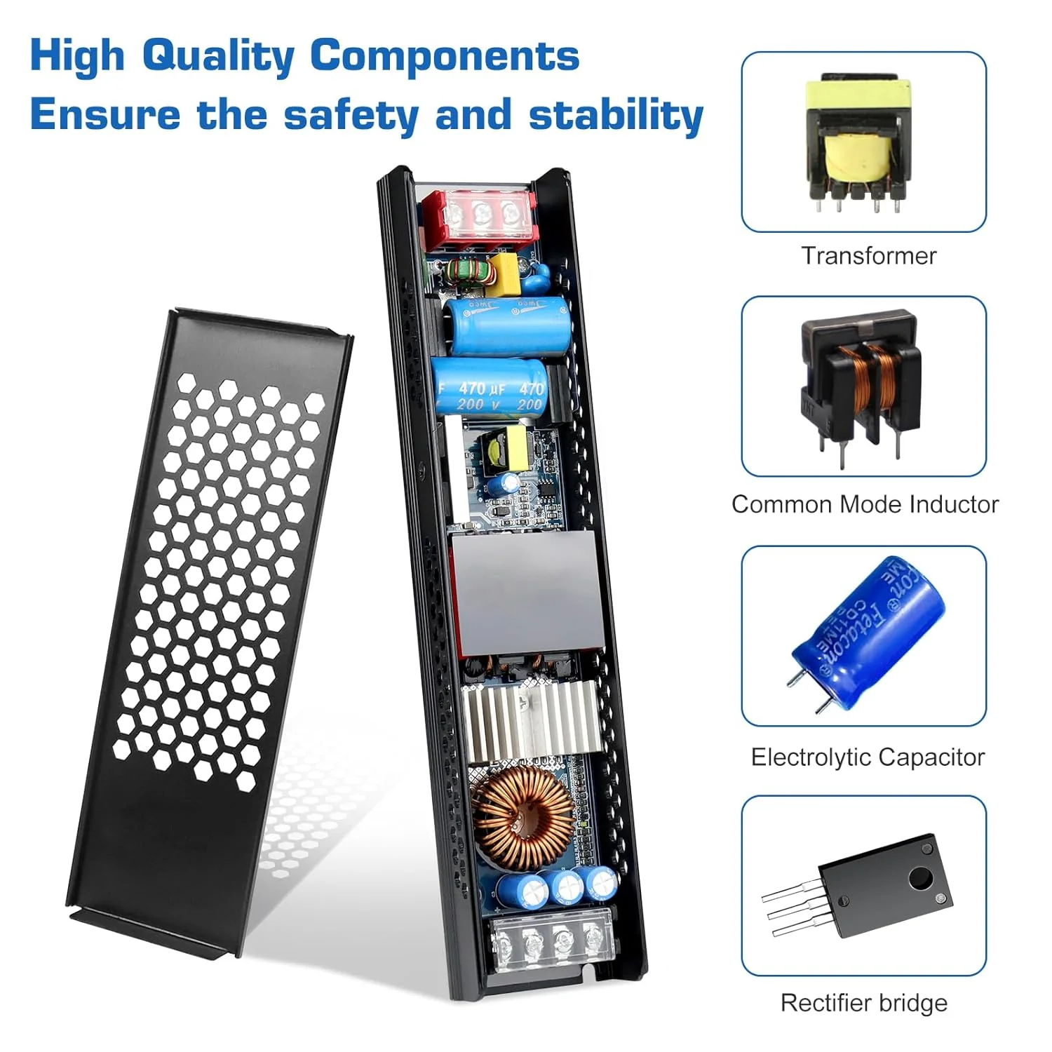 DC 12V/24V Slim Black Switching Power Supply 300W–400W, AC 110–130V/175–250V Input, LED Driver Transformer with Built-in Cooling Fan, CE/FCC/RoHS Certified - Image 6