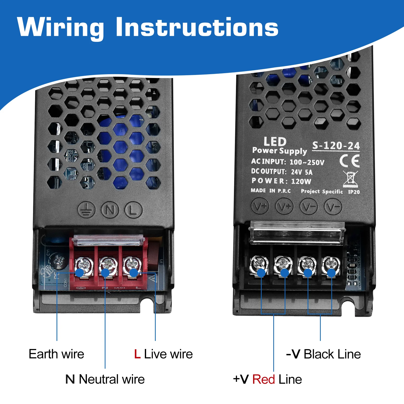 DC 12V/24V Slim Black Switching Power Supply 36W–200W, AC 110–250V Input, Narrow Type LED Transformer, Compact Metal Housing, CE/FCC/RoHS Certified - Image 3