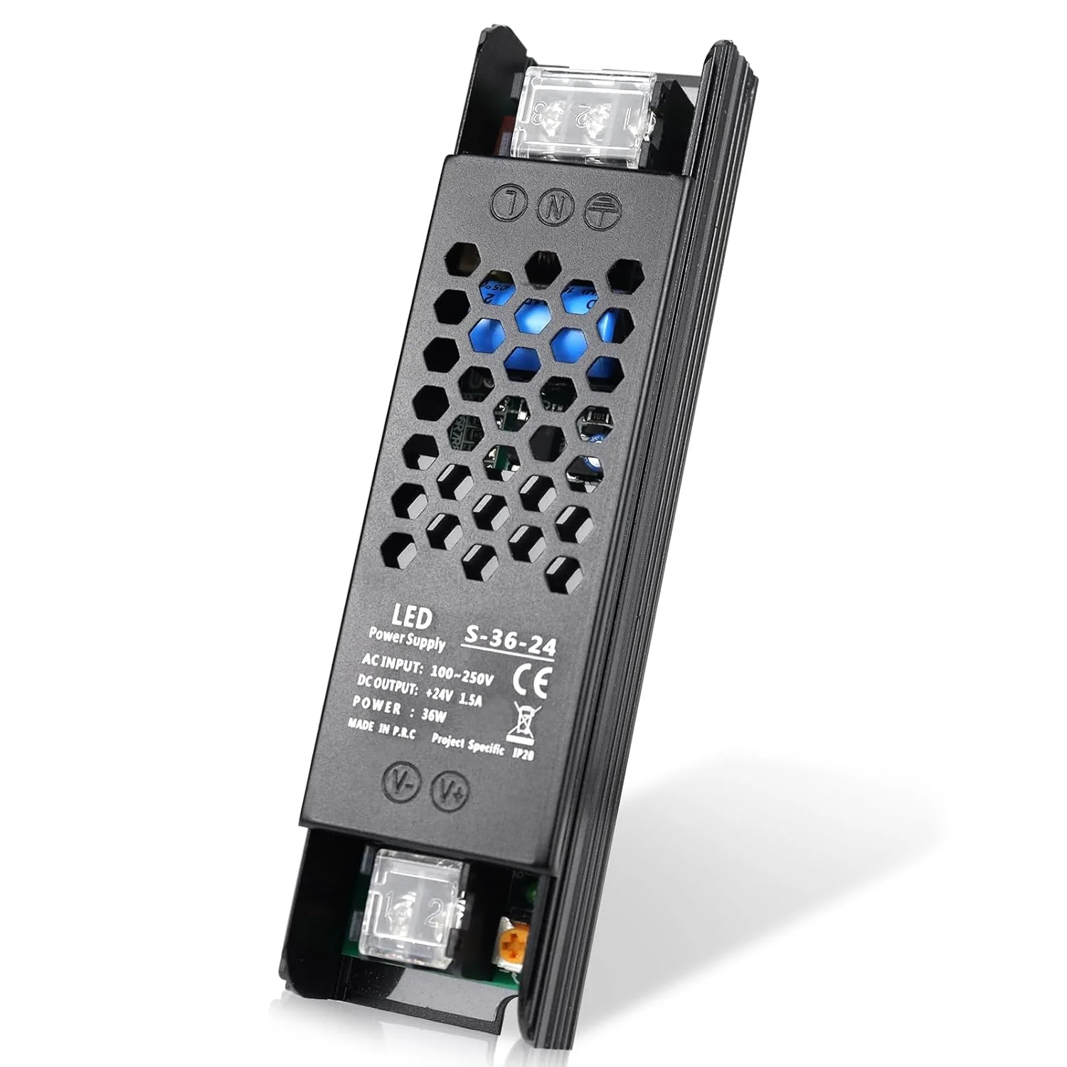 DC 12V/24V Slim Black Switching Power Supply 36W–200W, AC 110–250V Input, Narrow Type LED Transformer, Compact Metal Housing, CE/FCC/RoHS Certified - Image 9
