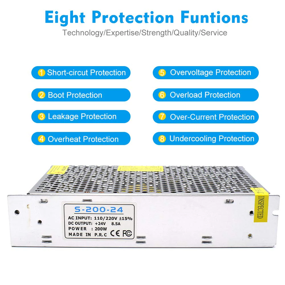 DC 12V/24V Switching Power Supply 60W–250W, AC 110/220V Input, Constant Voltage LED Driver Transformer, Metal Case with Screw Terminals, CE/FCC/RoHS Certified - Image 6
