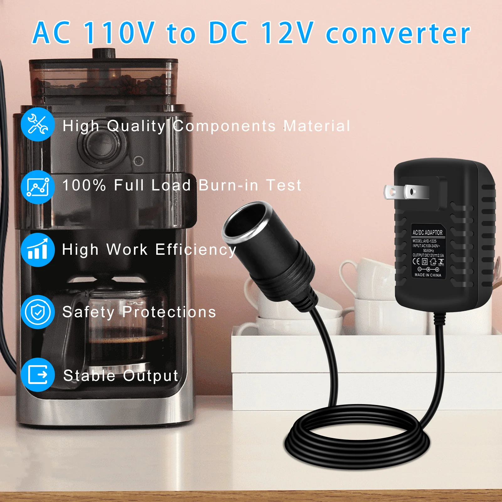 DC 12V Cigarette Lighter Power Supply Adapter 12W–36W, AC 100–240V to 12V Converter Transformer, Car Socket Charger for Pump, Cooler, LED Lights — US Plug - Image 4