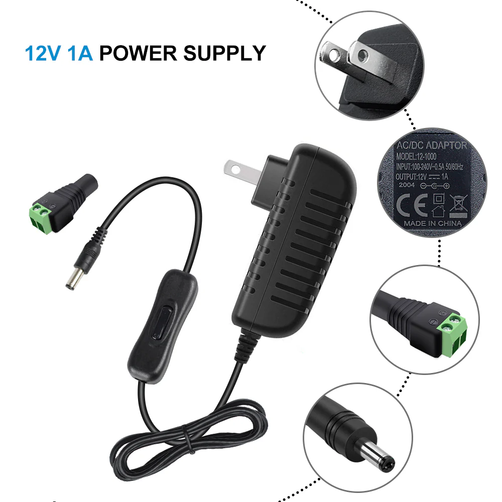 DC 12V Power Supply Adapter with On/Off Switch, 12W/24W/36W Options, US Plug, Black/White Housing, 100–240V AC Input, Wall Plug Charger for LED Strip Lights and Electronics - Image 5