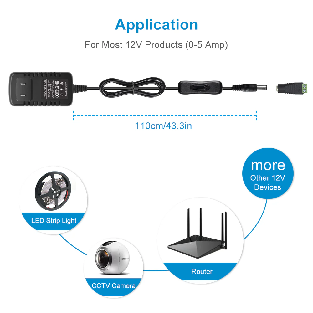 DC 12V Power Supply Adapter with On/Off Switch, 12W/24W/36W Options, US Plug, Black/White Housing, 100–240V AC Input, Wall Plug Charger for LED Strip Lights and Electronics - Image 6