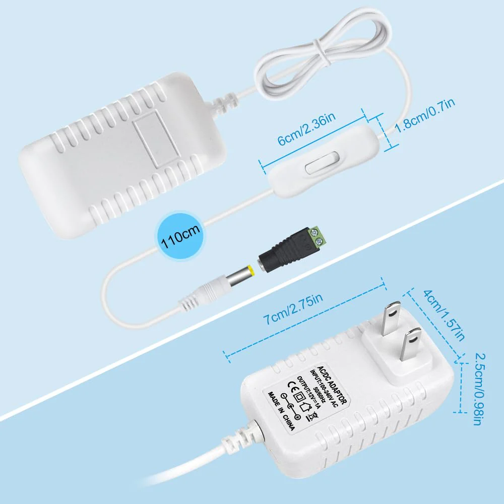DC 12V Power Supply Adapter with On/Off Switch, 12W/24W/36W Options, US Plug, Black/White Housing, 100–240V AC Input, Wall Plug Charger for LED Strip Lights and Electronics - Image 7