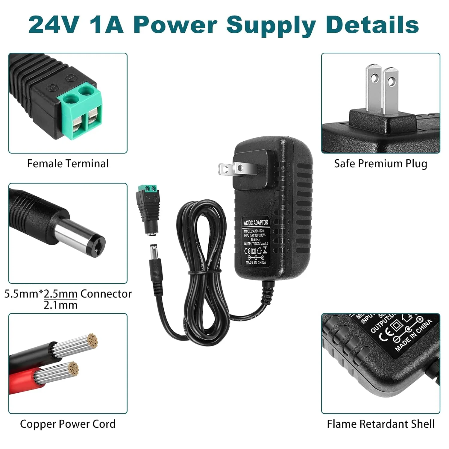 DC 24V Power Adapter 24W, AC 100–240V to 24V Wall Plug Switching Power Supply with US Plug, Black Case - Image 3