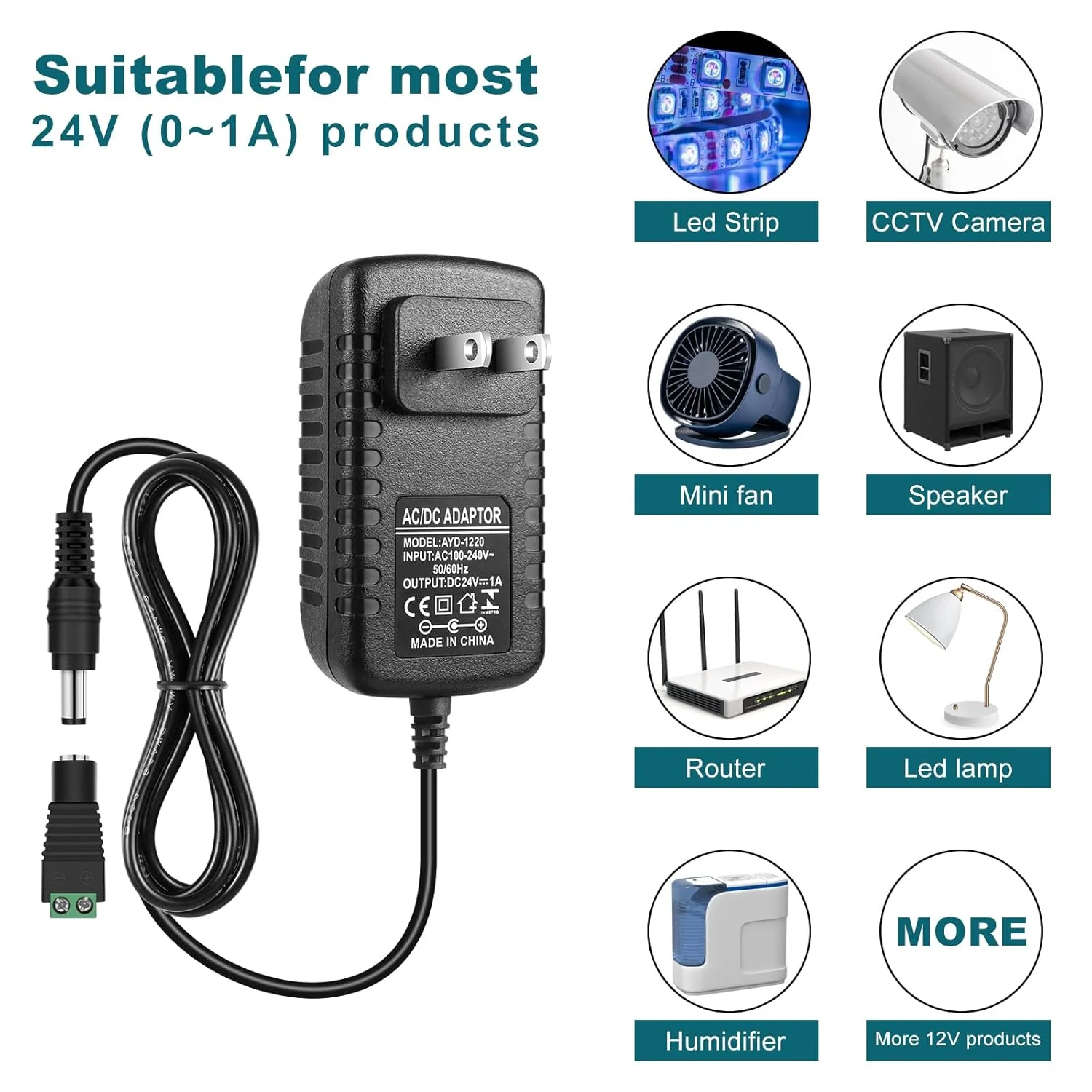 DC 24V Power Adapter 24W, AC 100–240V to 24V Wall Plug Switching Power Supply with US Plug, Black Case - Image 4