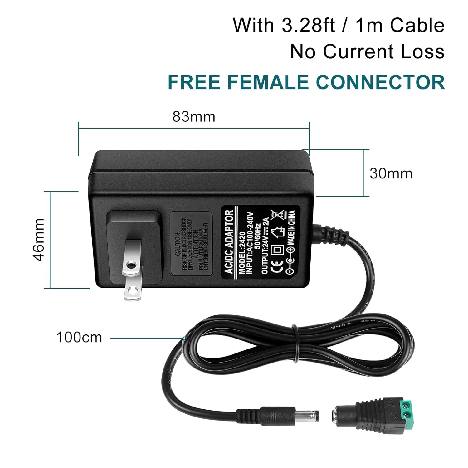 DC 24V Power Supply Adapter 48W–72W, AC 100–240V to 24V Switching Transformer, LED Driver Wall Plug Charger with US Plug, Black Case - Image 3