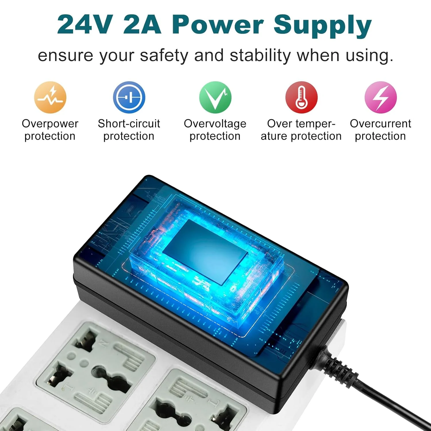 DC 24V Power Supply Adapter 48W–72W, AC 100–240V to 24V Switching Transformer, LED Driver Wall Plug Charger with US Plug, Black Case - Image 4