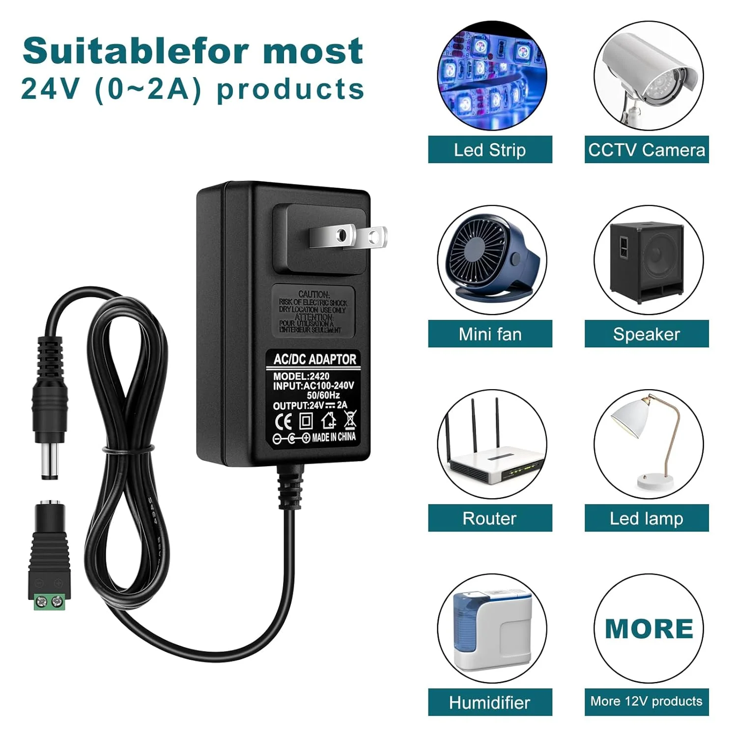 DC 24V Power Supply Adapter 48W–72W, AC 100–240V to 24V Switching Transformer, LED Driver Wall Plug Charger with US Plug, Black Case - Image 5