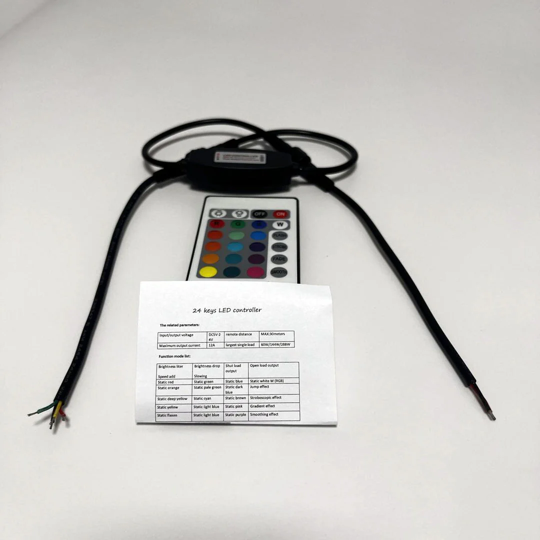 RGB LED Strip Controller – DC5V-24V 12A | IP65 Waterproof Wireless RGB Controller with 24-Key RF Remote | For LED Strips