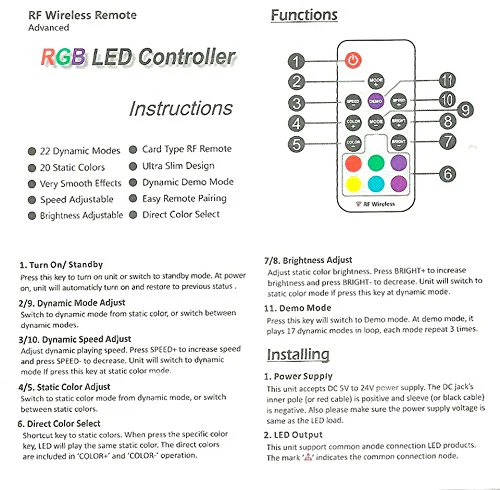 RGB LED Strip Controller – DC5V-24V 12A | Mini RF Wireless RGB Controller with 10-Key / 17-Key Remote | For LED Strips - Image 8
