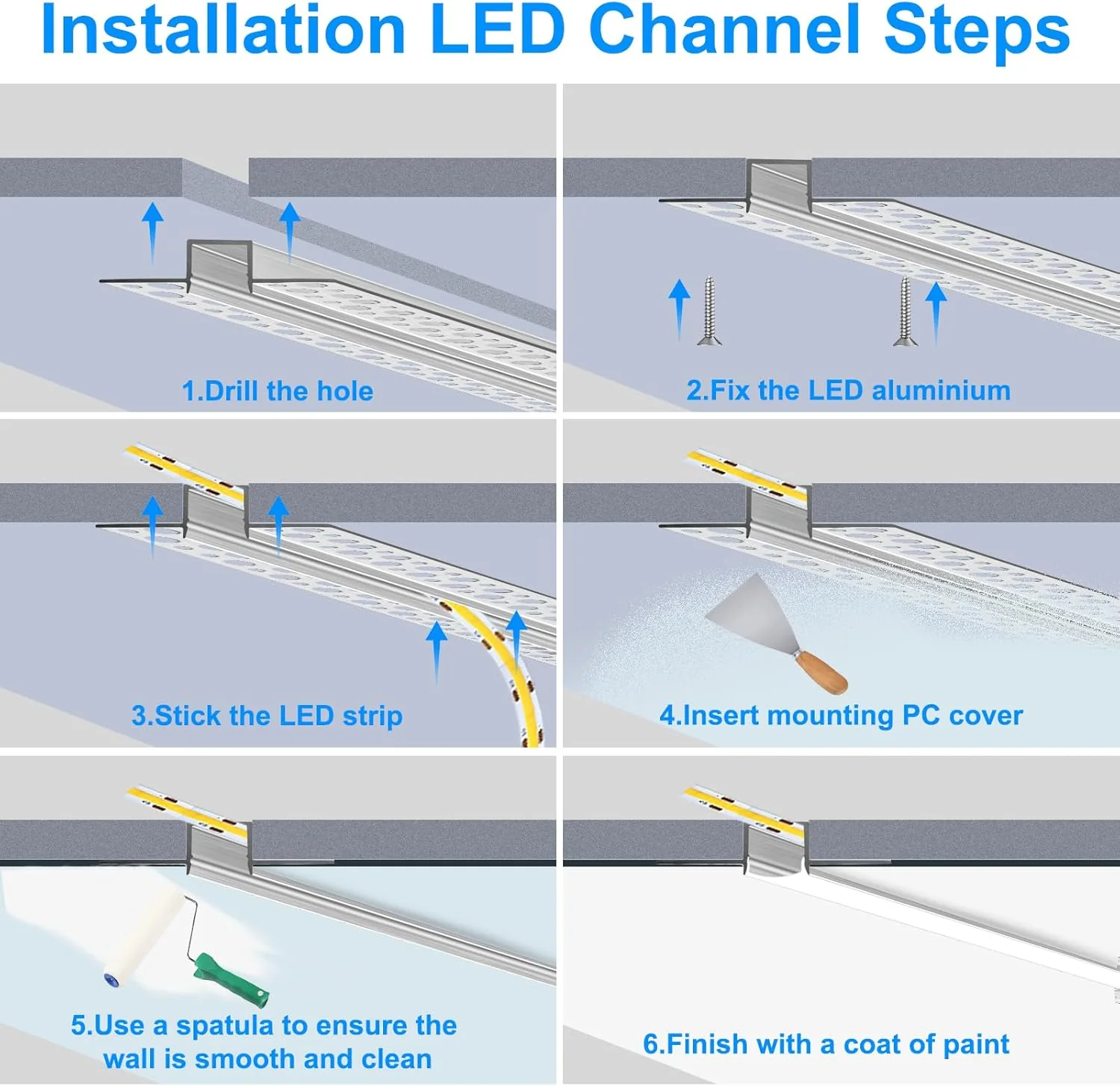 Double-Sided Plaster-in Drywall  LED Aluminum Channels– Fit for 1 to 12mm LED Strip | 1Meter | Silver | Milky White Cover | 4 / 6 / 10 -Pack | Local Stock US/UK - Image 4