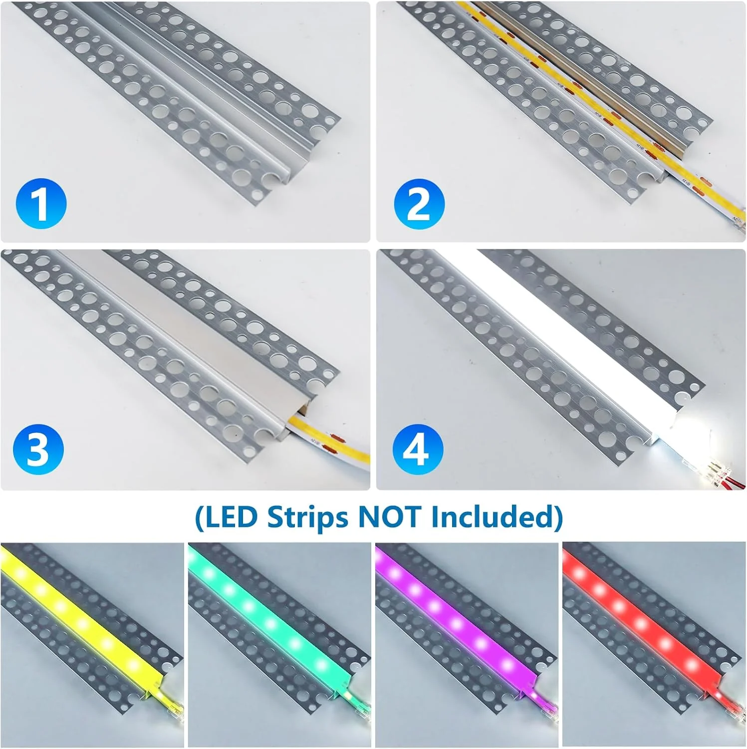Double-Sided Plaster-in Drywall  LED Aluminum Channels– Fit for 1 to 13mm LED Strip | 1Meter | Silver | Milky White Cover | 4 / 6 / 10 -Pack | Local Stock US/UK - Image 4