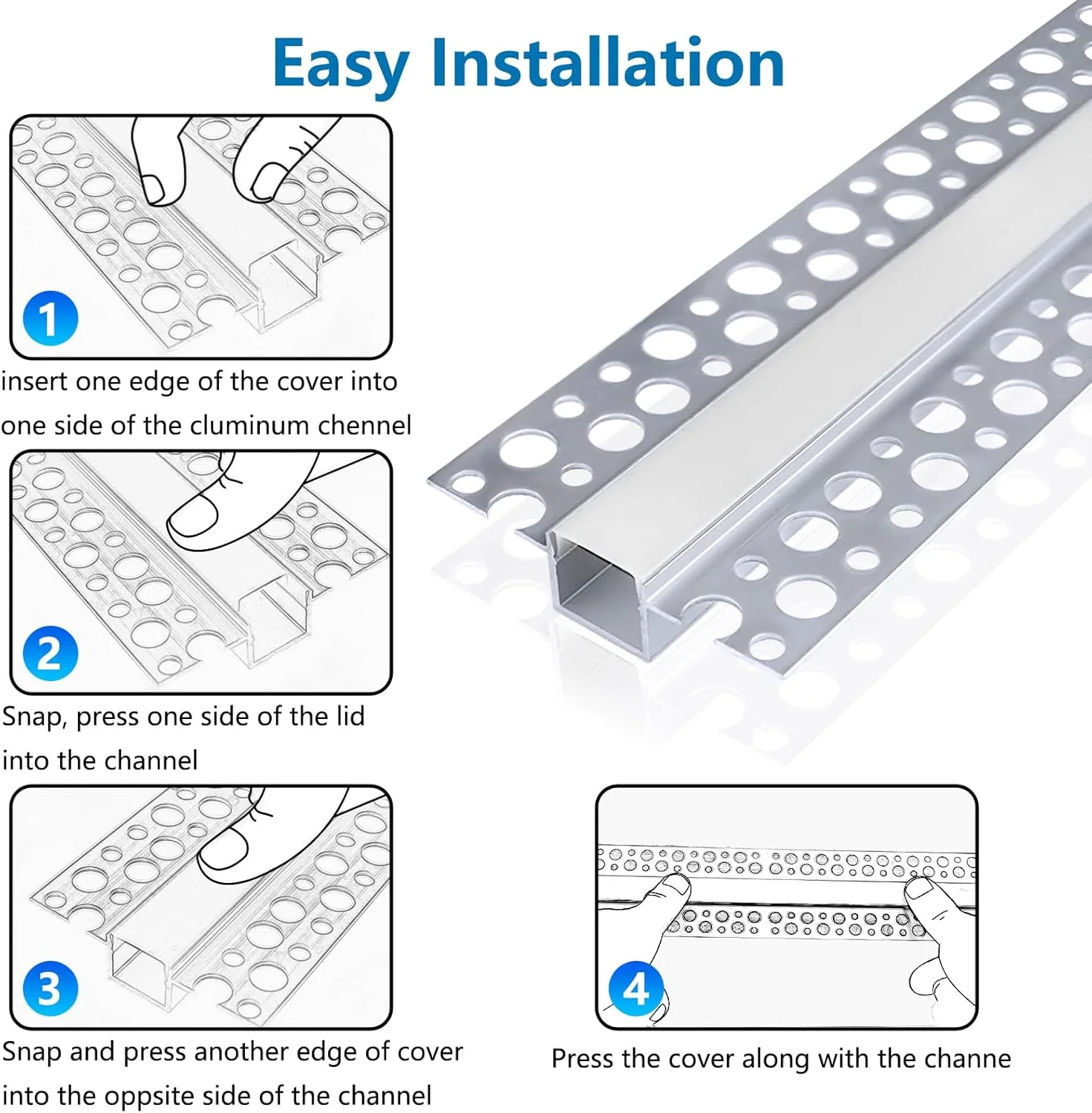 Double-Sided Plaster-in Drywall  LED Aluminum Channels– Fit for 1 to 13mm LED Strip | 1Meter | Silver | Milky White Cover | 4 / 6 / 10 -Pack | Local Stock US/UK - Image 6