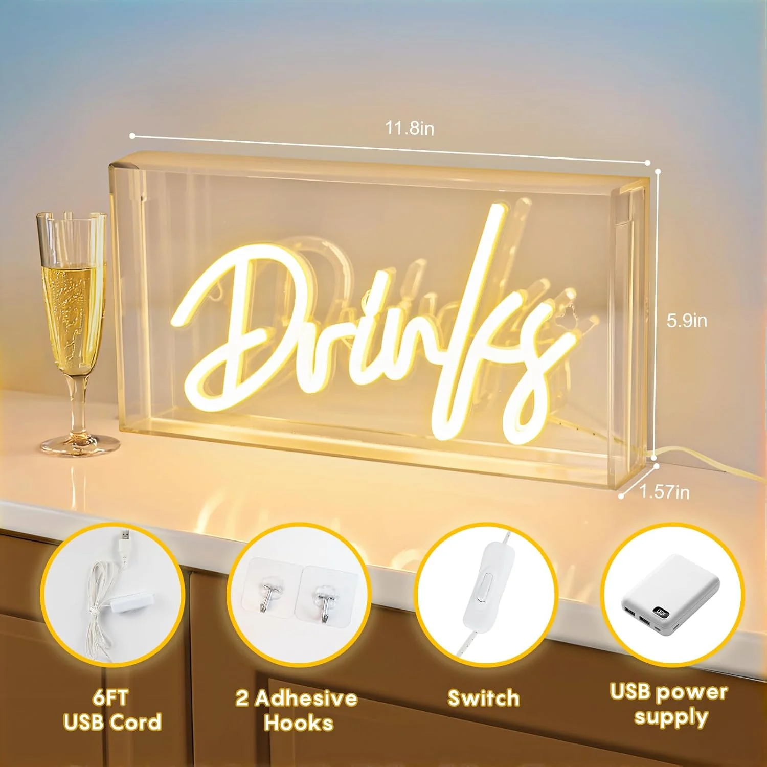 DRINKS Desk Lightbox Sign – Rectangular 12x6 inch | Warm White/ Pink | USB Powered | Tabletop Display | For Table Decor, Home Bar, Kitchen, Club, Pub, Restaurant Wall Decor & Bar Cart Accessories - Image 3