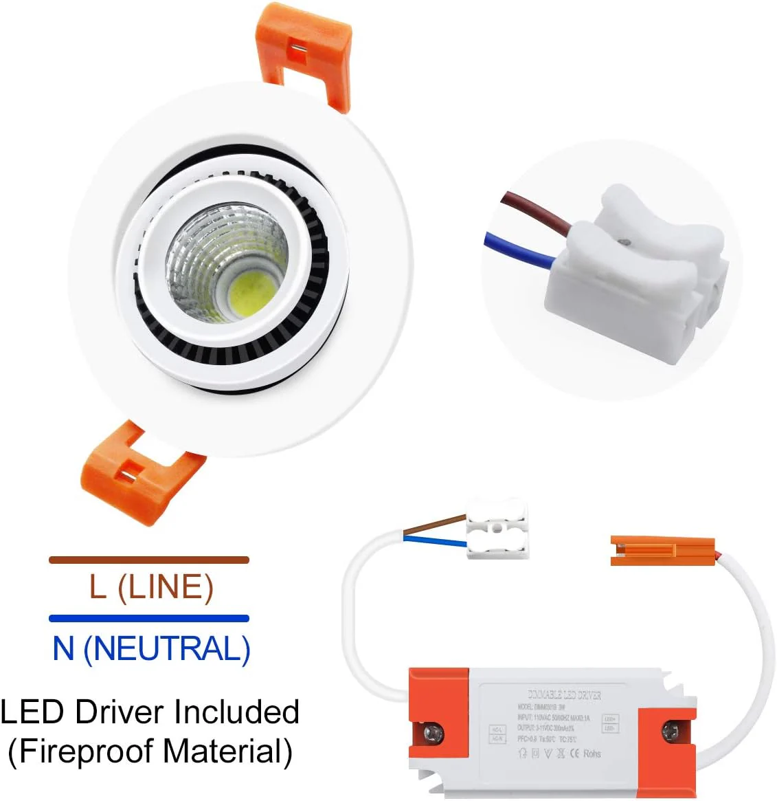 ECO-3 Series Eyeball Gimbal COB LED Downlight – White Housing – TRIAC Dimmable – 3W/5W/7W – 4-Pack – 3000K–6000K – 100–130V / 200–240V - Image 4