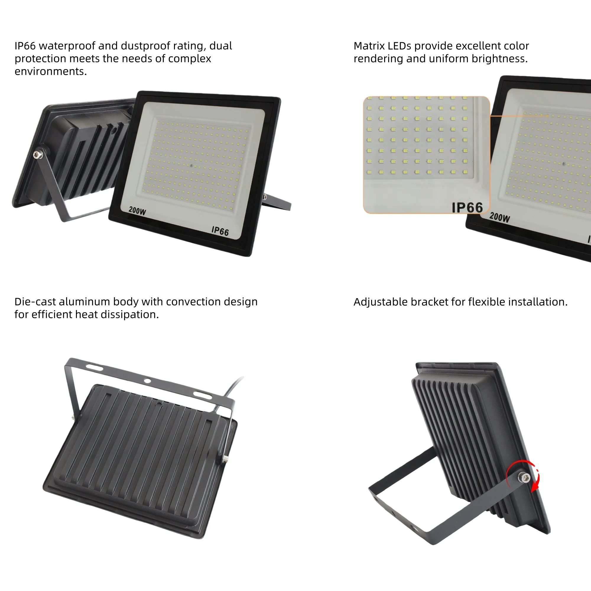 FL-E Series Waterproof LED Flood Light Outdoor – IP66 | 10 - 300W | Warm White/ Cool White | High Brightness SMD2835 Security Floodlight, 90–100LM/W | Aluminum Housing | Black Body | Hardwired Connection (No Plug) | 2 / 10-Pack - Image 6
