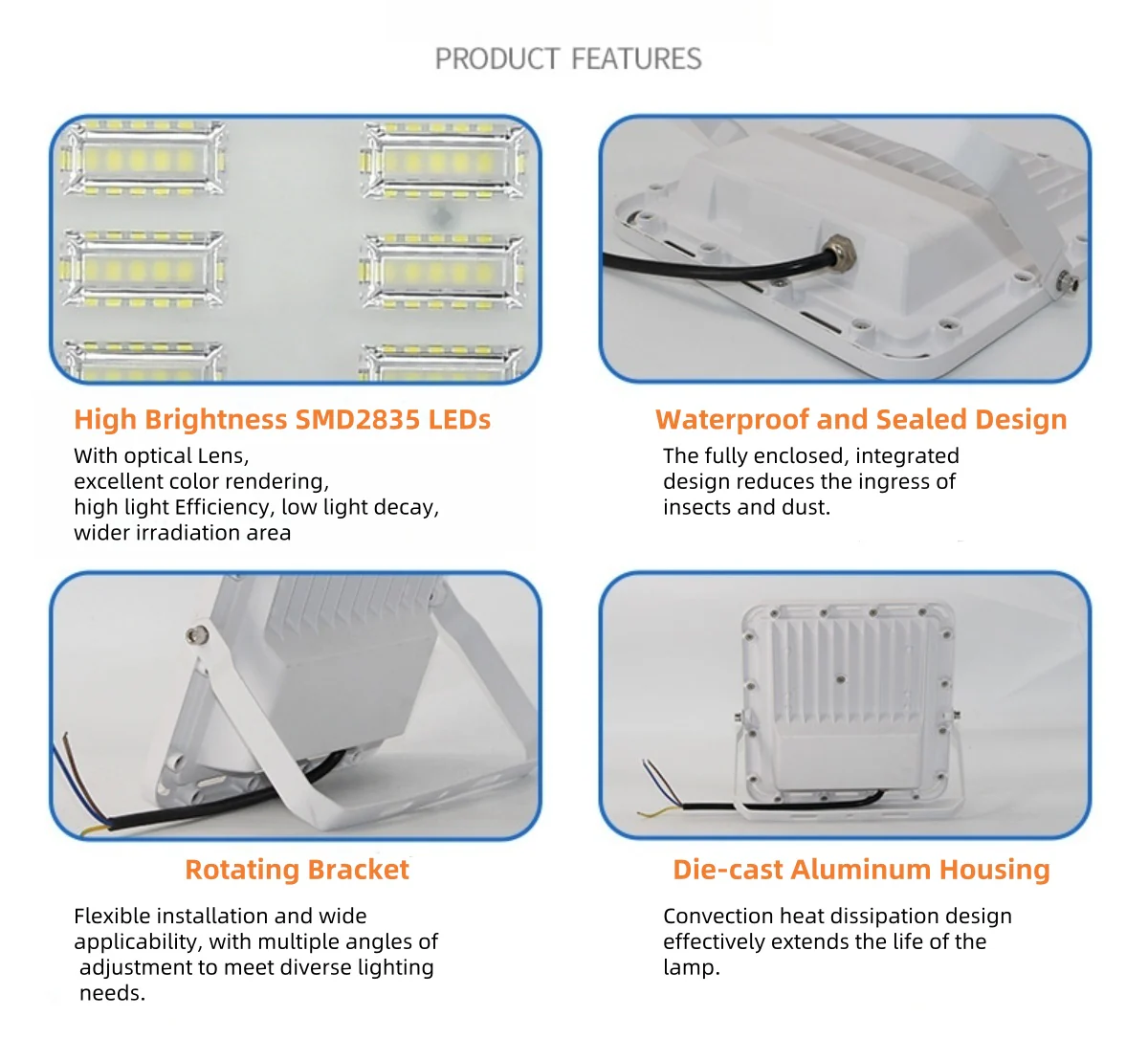 FL-P Series Waterproof LED Flood Light Outdoor – IP67 | 30W - 400W | Warm White/ Cool White | High Brightness SMD2835 Security Floodlight, 100–110 LM/W | Aluminum Housing | White Body | Hardwired Connection (No Plug) | 2 / 10 -Pack - Image 9