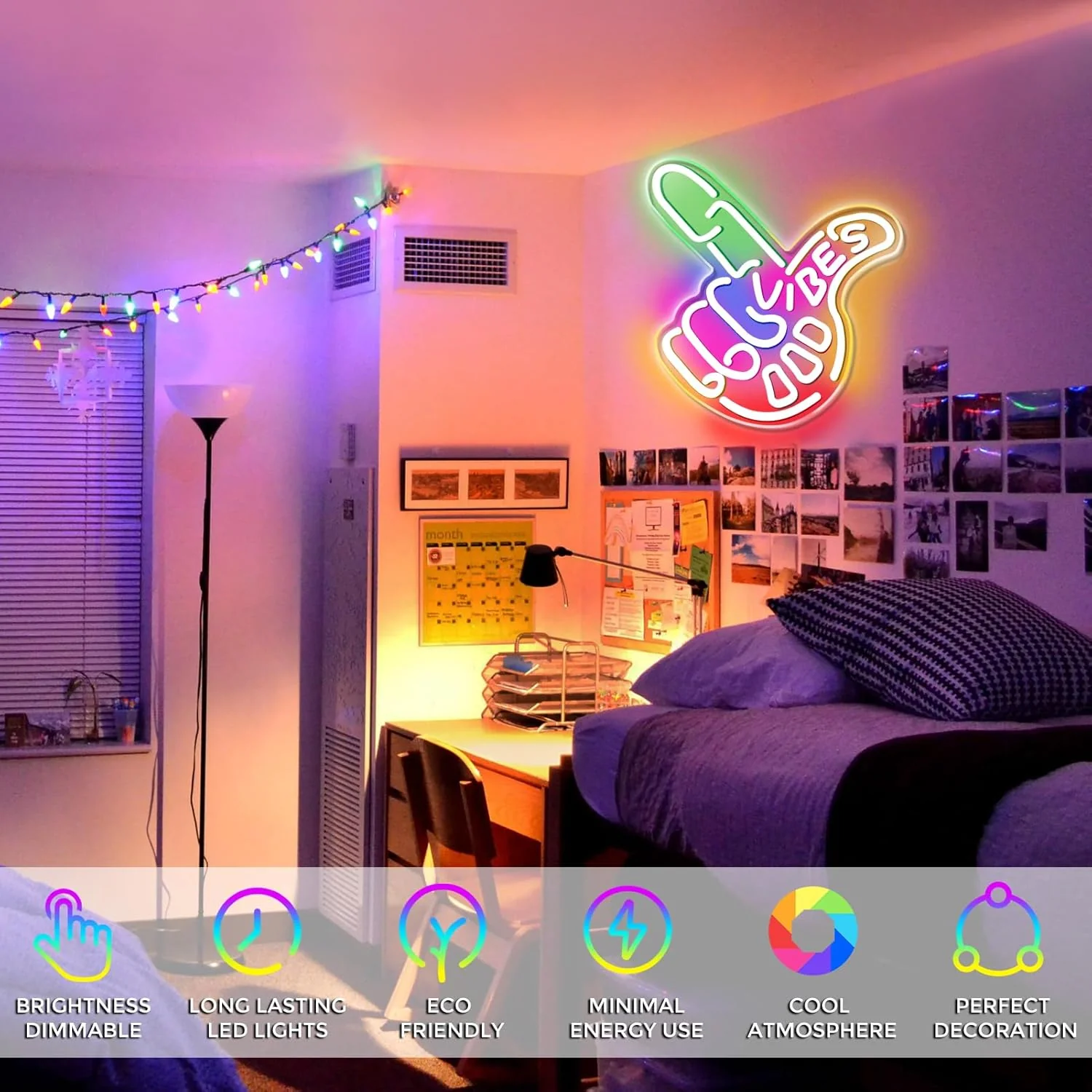 Good Vibes LED Sign – Cool Hand Sign | 17×13 inch | USB Neon Light for Wall Decor | Hanging | Ideal for Bedroom, Dorm, Lounge, Party - Image 3