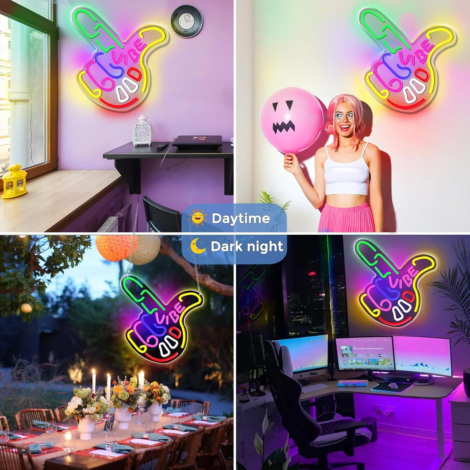 Good Vibes LED Sign – Cool Hand Sign | 17×13 inch | USB Neon Light for Wall Decor | Hanging | Ideal for Bedroom, Dorm, Lounge, Party - Image 4