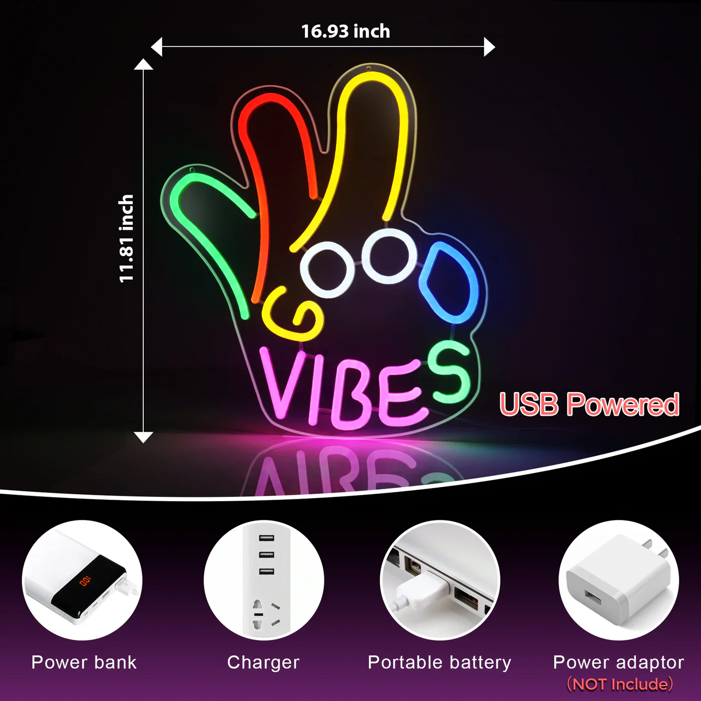 Good Vibes LED Sign – OK Hand Sign | 17×13 inch | USB Neon Light for Wall Decor | Hanging | Ideal for Bedroom, Dorm, Lounge, Party - Image 5