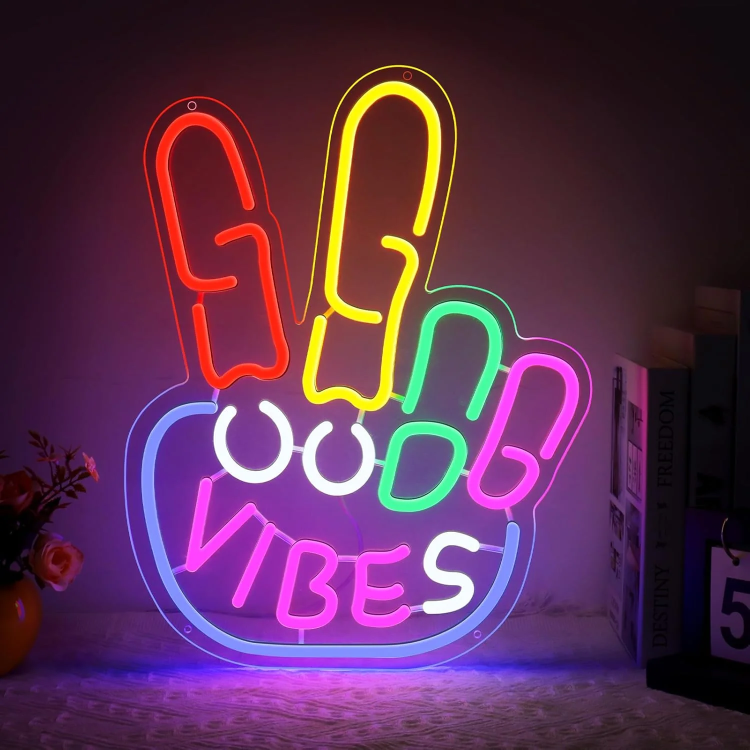 Good Vibes LED Sign – Peace Hand Sign | 17×13 inch | USB Neon Light for Wall Decor | Hanging | Ideal for Bedroom, Dorm, Lounge, Party Mood Lighting