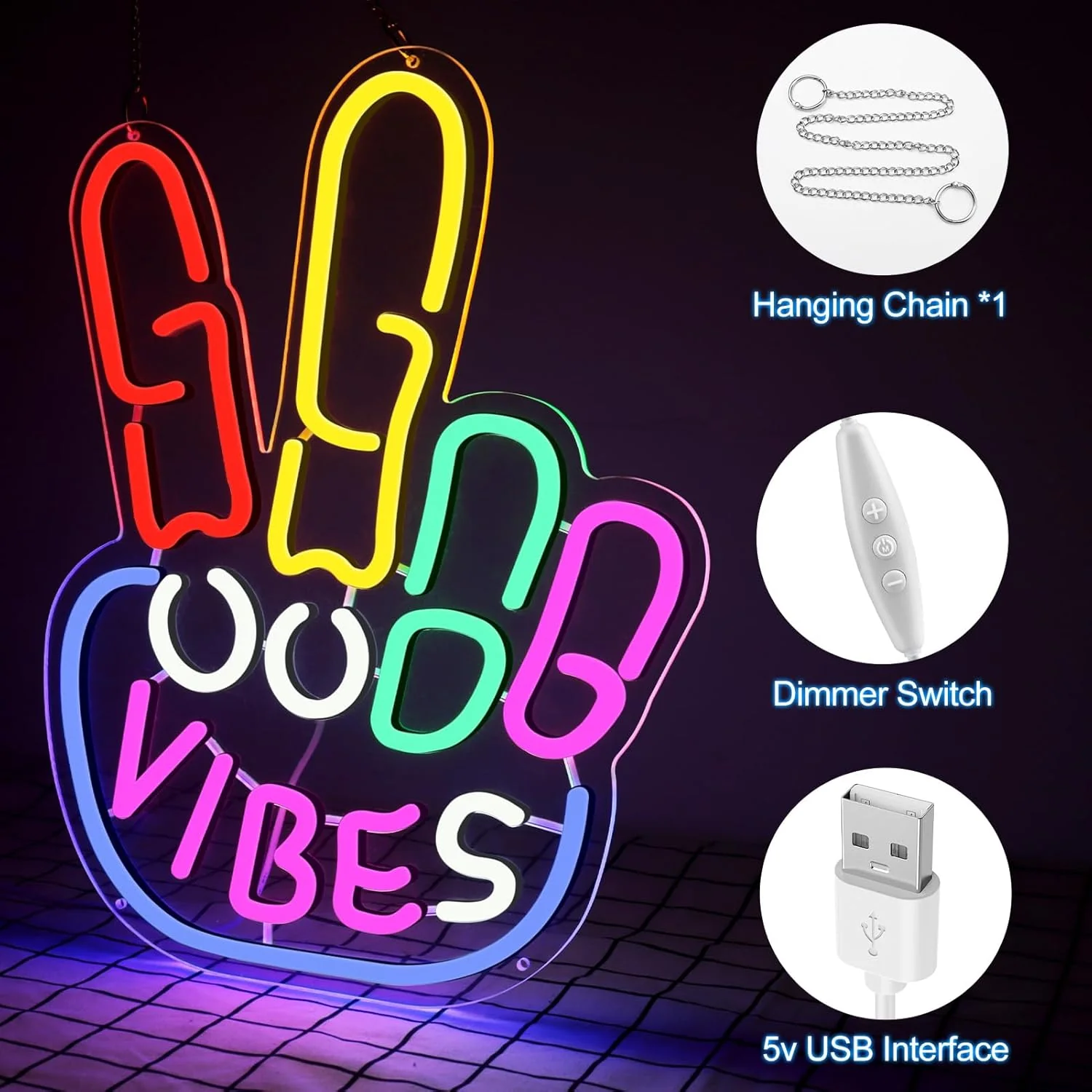 Good Vibes LED Sign – Peace Hand Sign | 17×13 inch | USB Neon Light for Wall Decor | Hanging | Ideal for Bedroom, Dorm, Lounge, Party Mood Lighting - Image 2