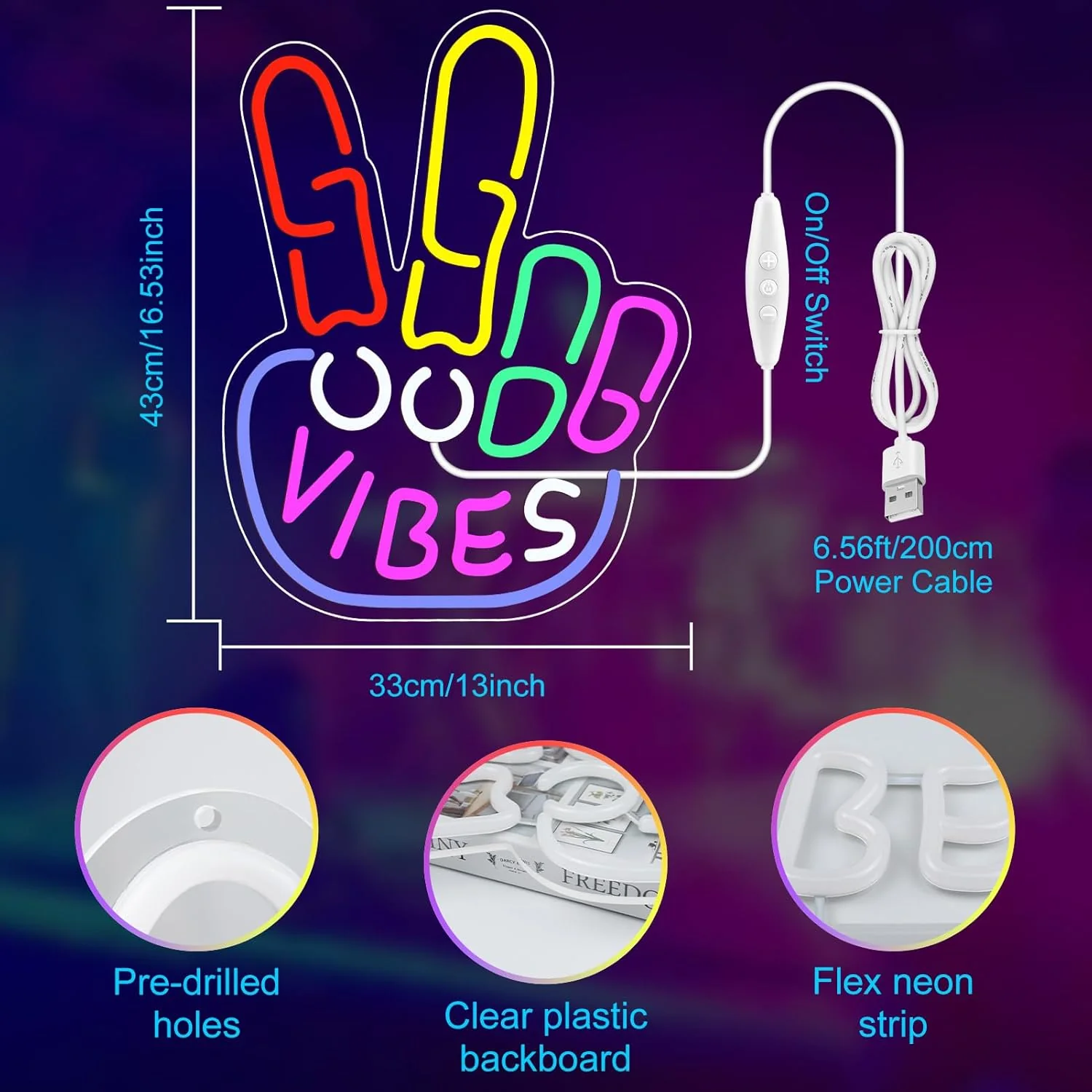 Good Vibes LED Sign – Peace Hand Sign | 17×13 inch | USB Neon Light for Wall Decor | Hanging | Ideal for Bedroom, Dorm, Lounge, Party Mood Lighting - Image 3