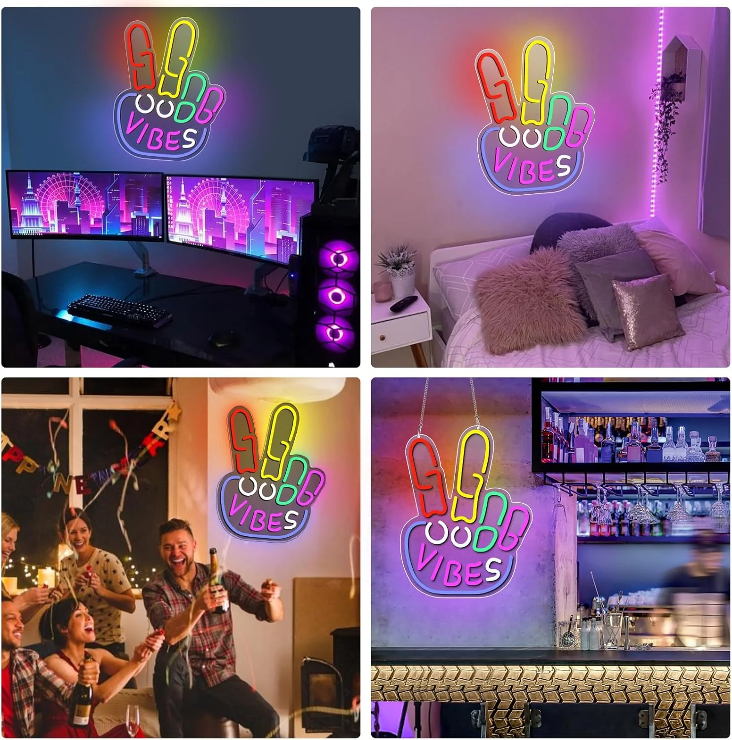 Good Vibes LED Sign – Peace Hand Sign | 17×13 inch | USB Neon Light for Wall Decor | Hanging | Ideal for Bedroom, Dorm, Lounge, Party Mood Lighting - Image 4