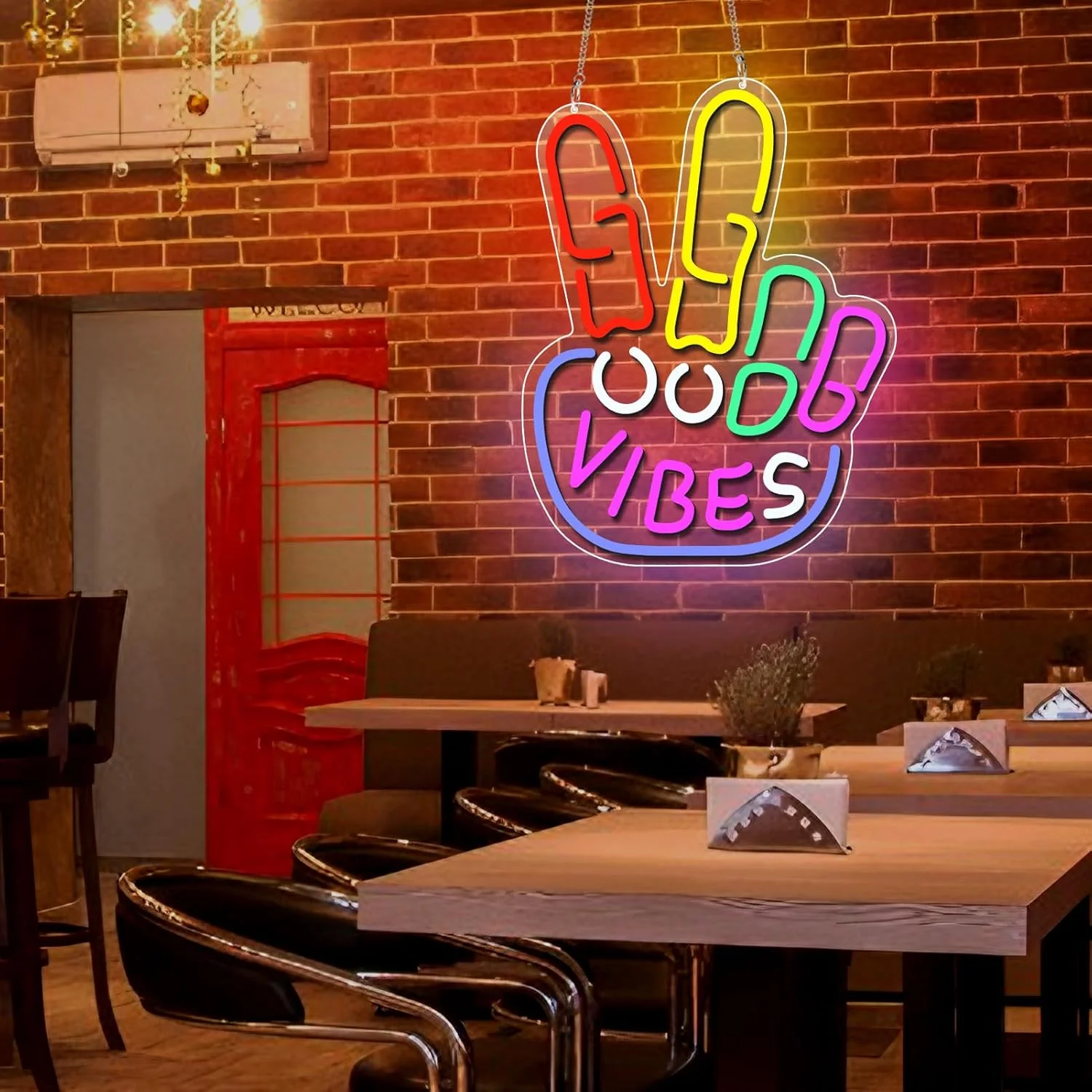Good Vibes LED Sign – Peace Hand Sign | 17×13 inch | USB Neon Light for Wall Decor | Hanging | Ideal for Bedroom, Dorm, Lounge, Party Mood Lighting - Image 6