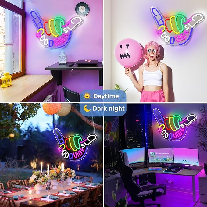 Good Vibes LED Sign – Shaka Hand Sign | 17×13 inch | USB Neon Light for Wall Decor | Hanging | Ideal for Bedroom, Dorm, Lounge, Party - Image 3