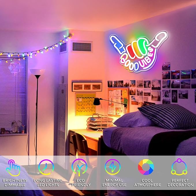 Good Vibes LED Sign – Shaka Hand Sign | 17×13 inch | USB Neon Light for Wall Decor | Hanging | Ideal for Bedroom, Dorm, Lounge, Party - Image 4