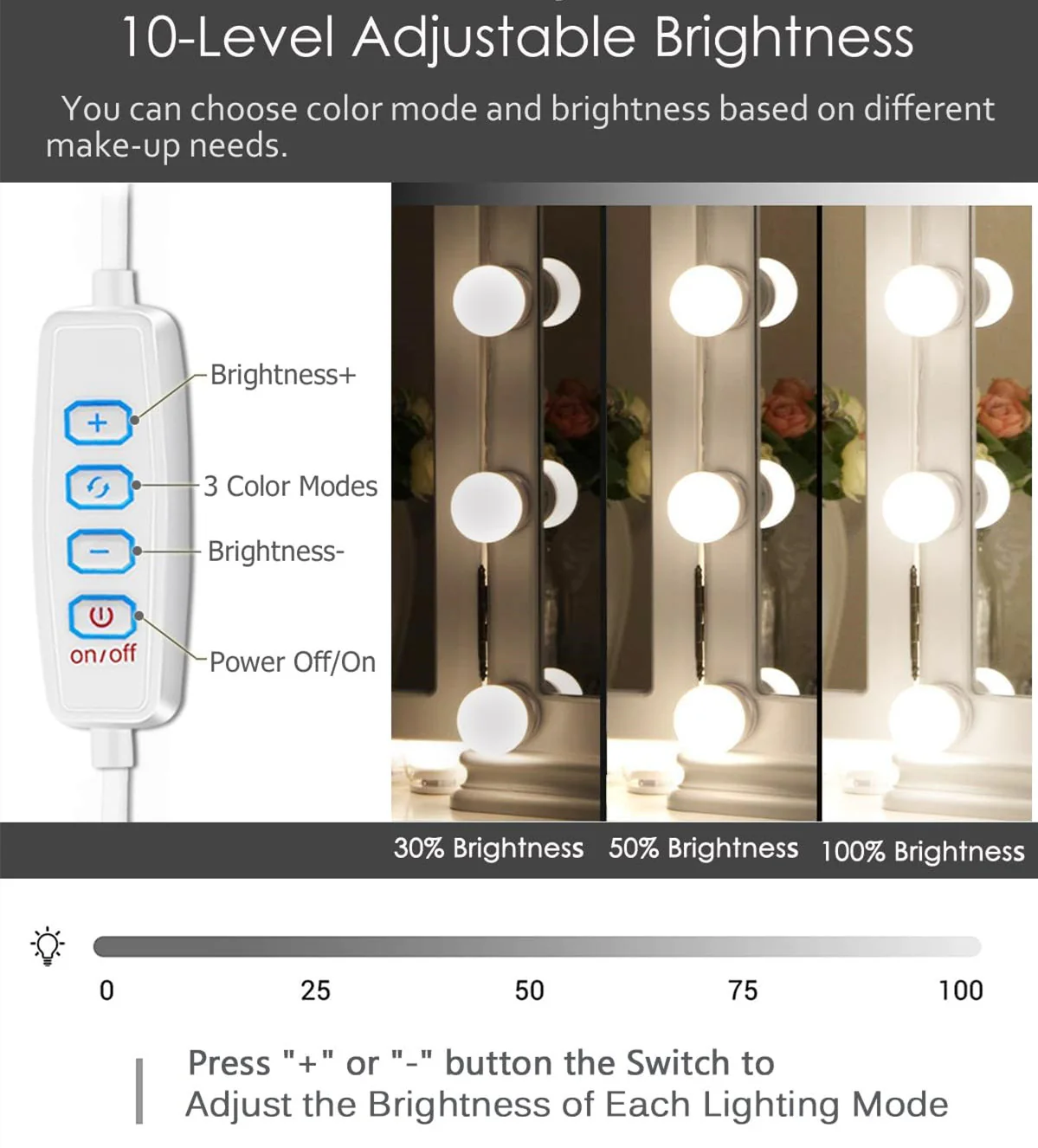 Hollywood Style LED Vanity Mirror Lights Kit with 10 3Colors Adjustable 1.77'' Light Bulbs, Perfect for Makeup Vanity Table Set in Dressing Room - Image 4