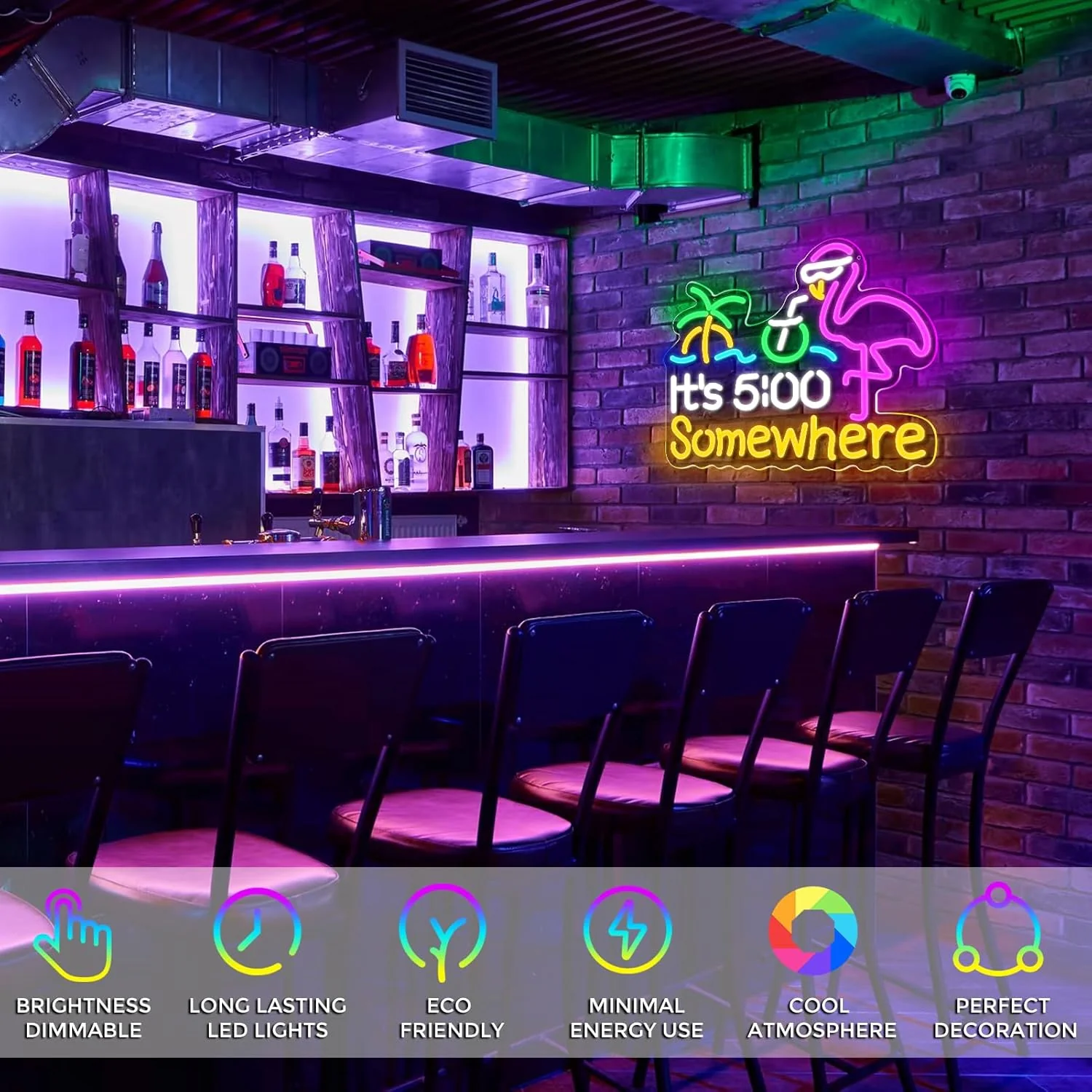 Its 5 00 O'clock Some Where LED Sign – 16.1× 12.6 inch | Multi-Color Glow | USB Powered | Hanging | Ideal for Bar, Pub, Lounge, Nightclub, Party Mood Lighting - Image 3
