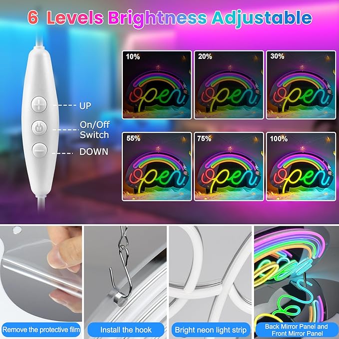 LED Open Neon Sign, Dimmable Open Signs for Business with ON/OFF Switch, 17"x12", 5V USB Powered Rainbow LED Neon Light Sign for Wall Decor, Shop, Bar, Home - Image 3